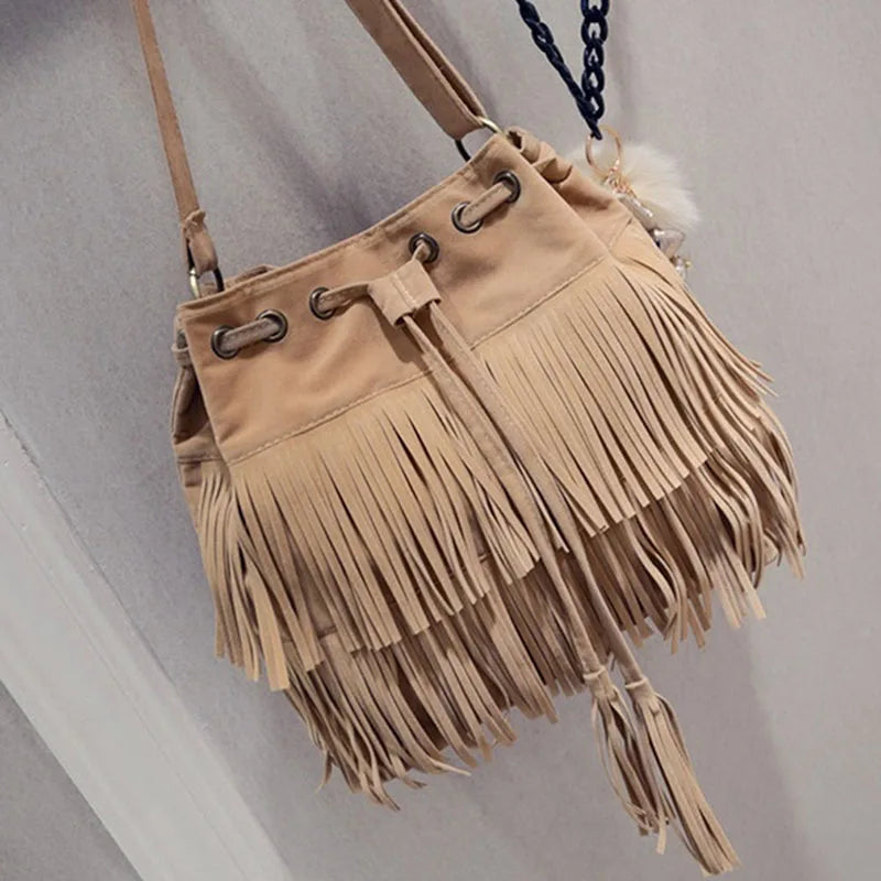 Fashion Retro Faux Suede Fringe Women Messenger Bags Tote New Tassel Shoulder Handbag Shoulder Crossbody Bag Tassel Bucket Bolsa