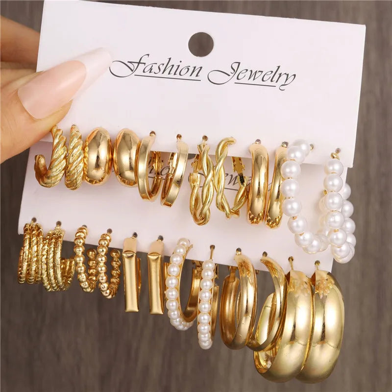 Boho Big Circle Hoop Earring Set for Women, Gold Color Bohemia Vintage Pearl Earring, Heart Zircon Ear Studs Jewelry Gifts