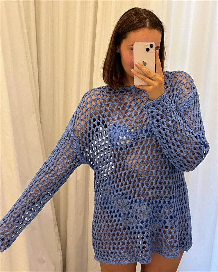 Tossy Knit Hollow Out Cover up Mini Dress For Women See-Through Loose Beach Holiday Clothes Summer Patchwork Knitwear Cover up