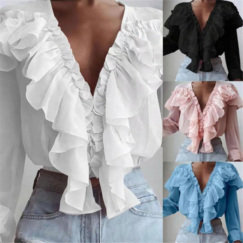 Spring Women White Ruffle Blouse Long Sleeve Top Chiffon Shirt Work Casual Lady Solid Color Pink V-neck Blouses Tunic Clothes