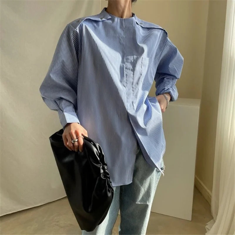 Nomikuma Korean Striped Pullover Blouse Causal Button Long Sleeve O-neck Women Shirt 2023 Spring New Blusas Feminimos 6F196