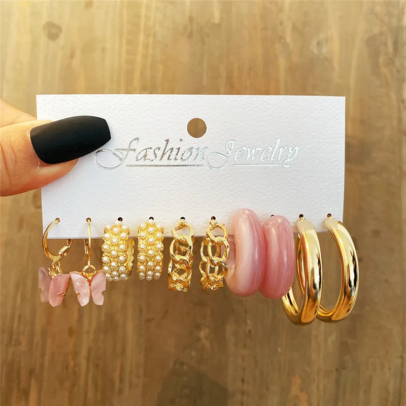 Boho Big Circle Hoop Earring Set for Women, Gold Color Bohemia Vintage Pearl Earring, Heart Zircon Ear Studs Jewelry Gifts