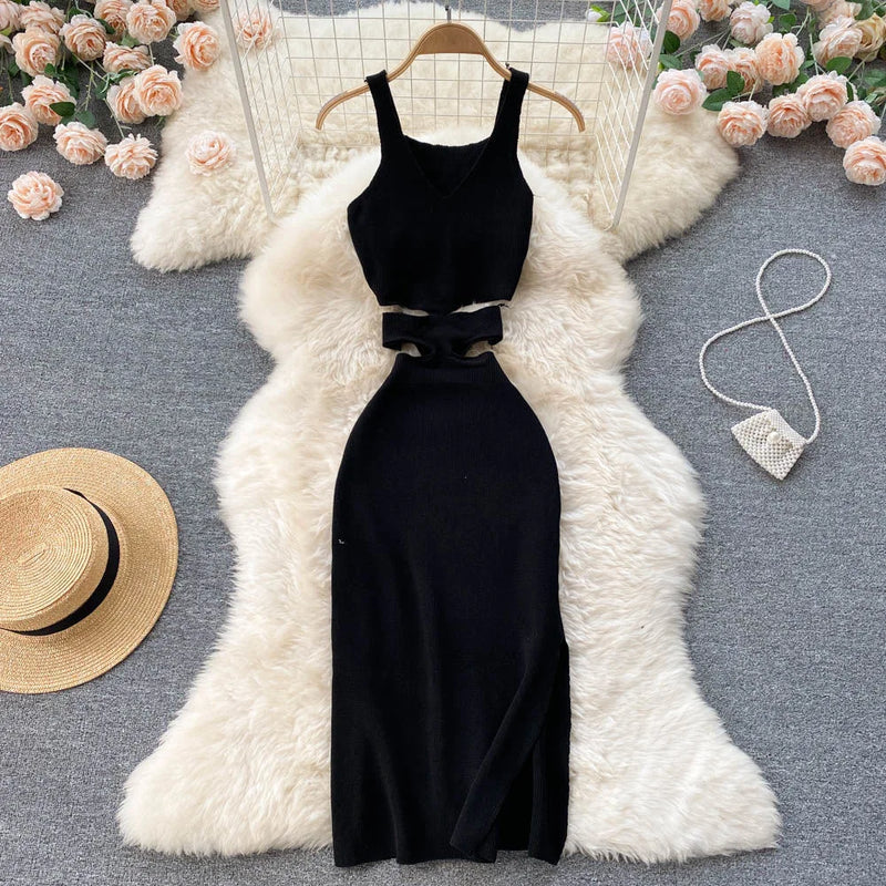 YuooMuoo Women Dress Sexy Cut Out Waist Package Hips Split Bodycon Dress Summer Fashion Lady Knitted Party Vestidos Sundress