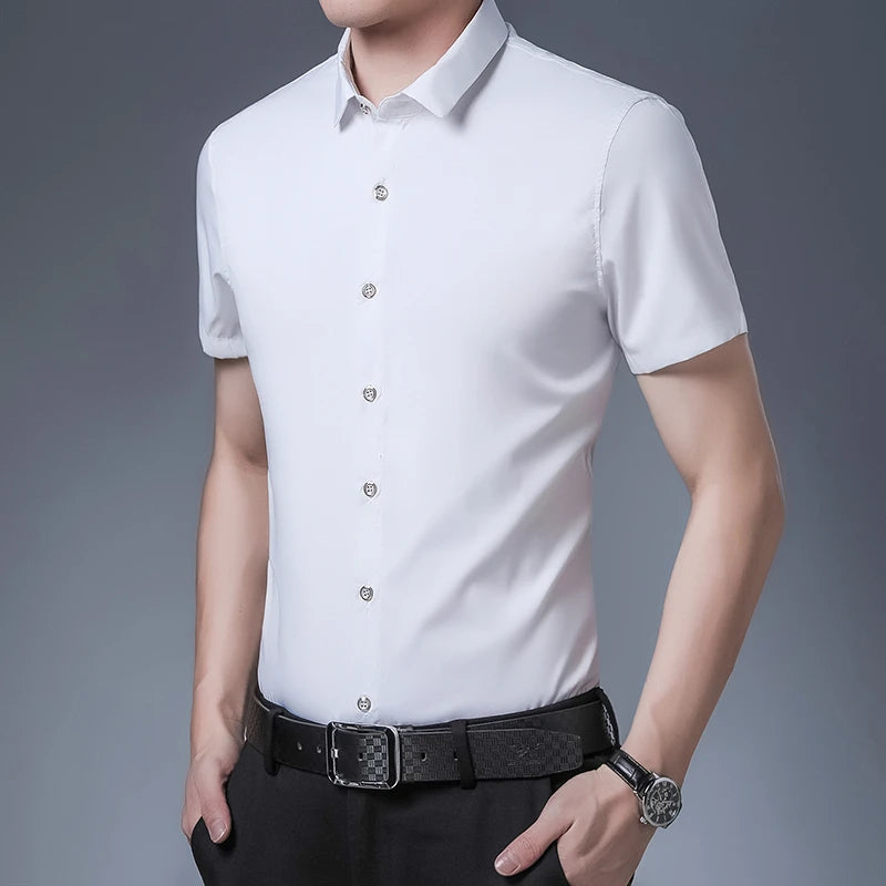 Men's Business Casual Solid Color Short Sleeved Shirt Non Ironing Comfortable Top