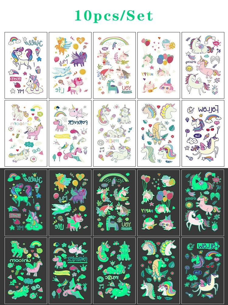 Luminous Tattoo 5 10pcs/Set Temporary Tattoos Mermaid Licorne Children Stickers for Kids Pokemon Tattoo Tattoo for Kids Unicorn