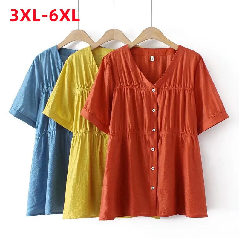 New 2022 Ladies Summer Plus Size Tops For Women Large Size Blouse Short Sleeve Loose Blue Red V-neck Fold Shirt 3XL 4XL 5XL 6XL