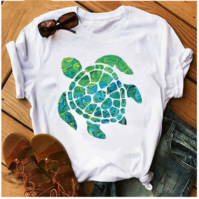 Sea Turtle Print T-shirt for Women Harajuku Cartoon Unisex Short Sleeve T-shirt 2023 Summer O-Neck Streetwear y2k Clothes Tops