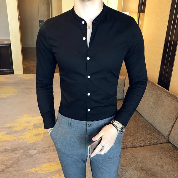 Men Slim Fit Shirt 2023 Autumn Cotton Solid Stand Collar Casual Business Long-sleeved Shirts Male Fashion Camisas Men Clothing