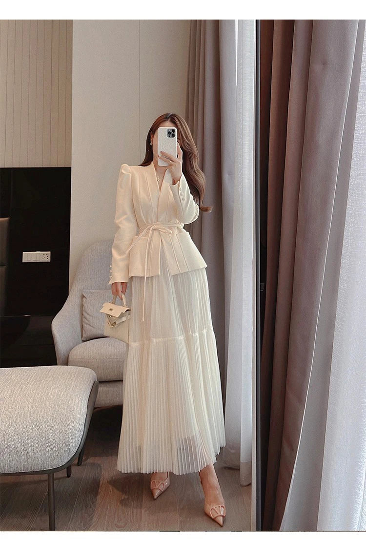 H Han Queen Autumn New Skirt Suit Women Elegant Korean Lace-Up Fashion Blazer + Long Mesh Skirt Casual Evening Party 2-Piece Set