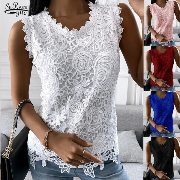 Summer Fashion Lace Blouse Woman Jacquard Sleeveless Casual Women Shirts 4XL Vintage Loose Floral Vest Tops Blusas Mujer 19340