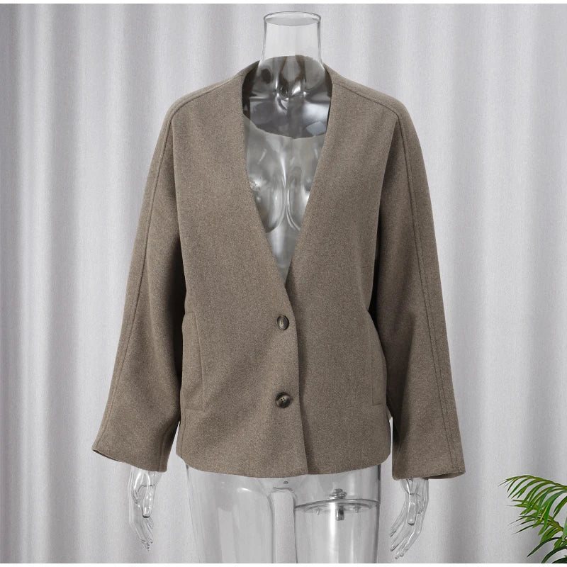 Women Vintage Blends Fit Blazer Coat Fashion Loose Double Breasted Long Sleeve Pockets Female Jackets Chic Lady Commuter Coats