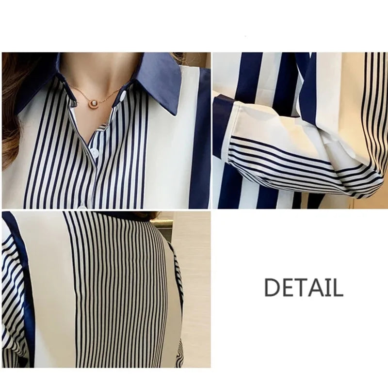 Women's Shirt Blue Striped Blouses for Women Long Sleeve Top Women Button Up Polo Neck Clothes Female 2022 Fashion Leisure Shirt