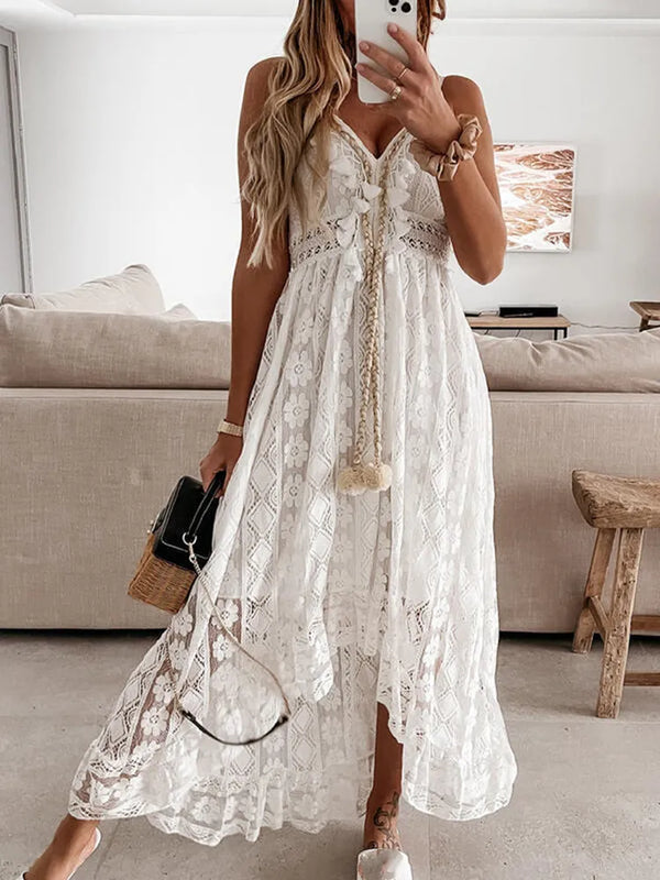 Women Lace Boho Style Long Dress Solid Color Deep V-neck Sleeveless Beachwear High Waist A-Line Summer Wild Sling Dress For Lady