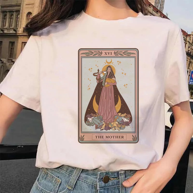 Women's Tarot Card Flower Funny Time Ladies Cartoon Fashion Short Sleeve Summer Printed T-shirt Women's T-shirt Top Pattern.