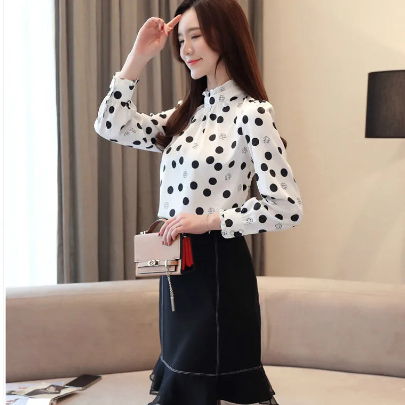 clothe 2022 Autumn Fashion Women Chiffon Shirts Long Sleeve Polka Dot ruffless Women Blouses Casual Stand Collar Women Tops