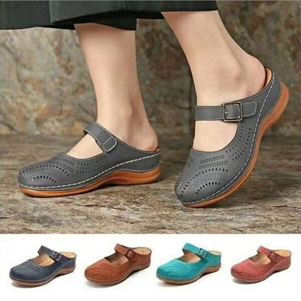 2021 New Women Flat Shoes Mules For Women PU Leather Round Head Sandals Closed Toe Sandals Women Slipper Non-slip Retro Shoes
