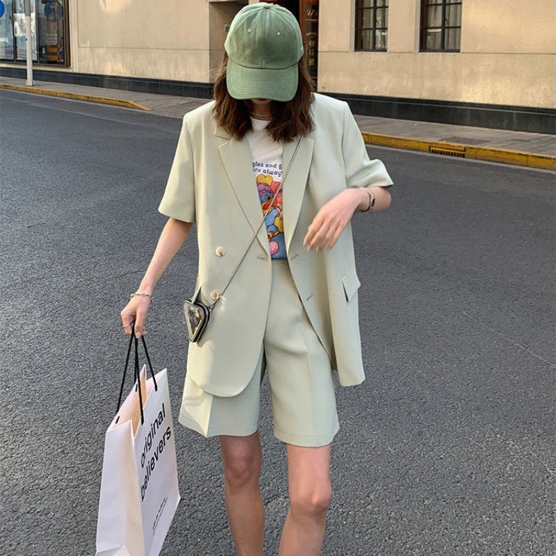 Clothing White 2024 Sleeve Summer Korean Style Blazer and Shorts Suit for Woman Kit Women's Short Pants Sets Complete Two Pieces