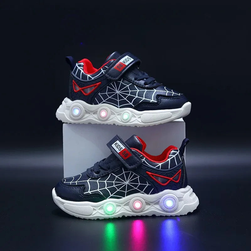 Disney LED Casual Sneakers Red Black For Spring Boys Spiderman Mesh Outdoor Shoes Children Lighted Non-slip Shoes Size 21-30