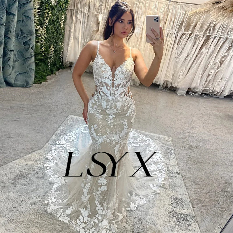 LSYX Deep V-Neck Sleeveless Appliques Shiny Tulle White Mermaid Wedding Dress 2024 Open Back Court Train Bridal Gown Custom Made