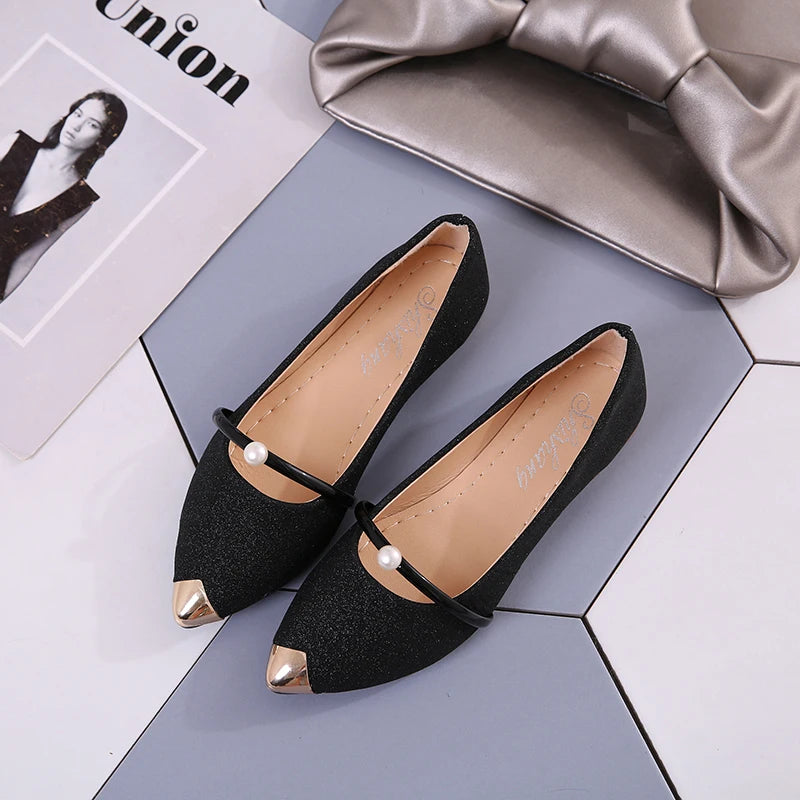 2023 Ladies Party Pearl Pumps Women's High Quality Low-Heeled Shoes Female Sequined Cloth Boat Shoes Women Silver Pointed Shoes