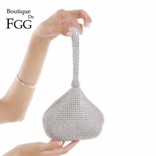 Boutique De FGG Sparkling Silver Diamond Women Mini Evening Clutch Wristlets Bag Bridal Wedding Party Crystal Handbag and Purse