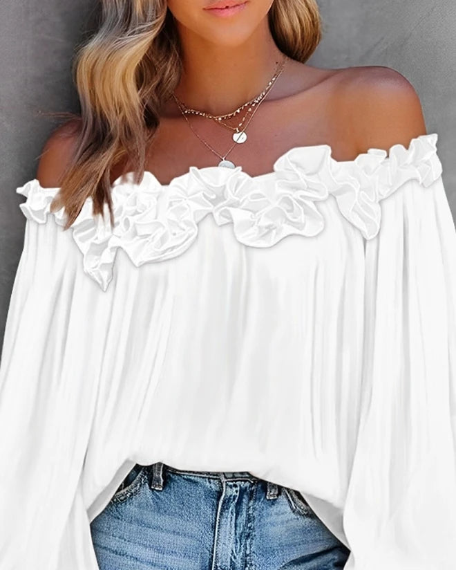 Office 2024 Spring Summer Women's Blouse Solid Color Pleated Loose Ruffle Hem Lantern Sleeve Top Off Shoulder Slash Neck Shirt