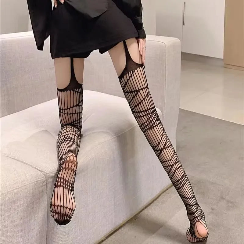 Sexy Women Fishnet Suspender Pantyhose Thigh-High Stockings Tights Stretchy High Erotic Stockings for Halloween Party Dress Up