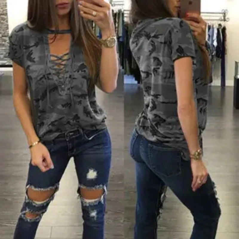 Summer Women Short Sleeve Camouflage Loose Casual Ladies T Shirt Tops Summer Bandage Hollow Out T-Shirt Tops Gray Army Green