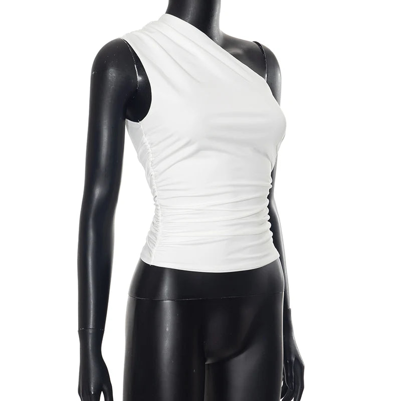 CUTENOVA Solid Color One Shoulder Backless Shrink Tank Top T-Shirt Candy Color Tight Sexy Sleeveless Neckless Slim Casaul Top