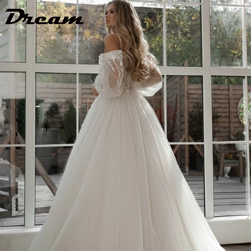 DREAM Off Shoulder Lace Glitter Tulle Wedding Dresses Long Puff Sleeve 3D Flowers Boho Bride Gown 2024 Vestidos De Novia