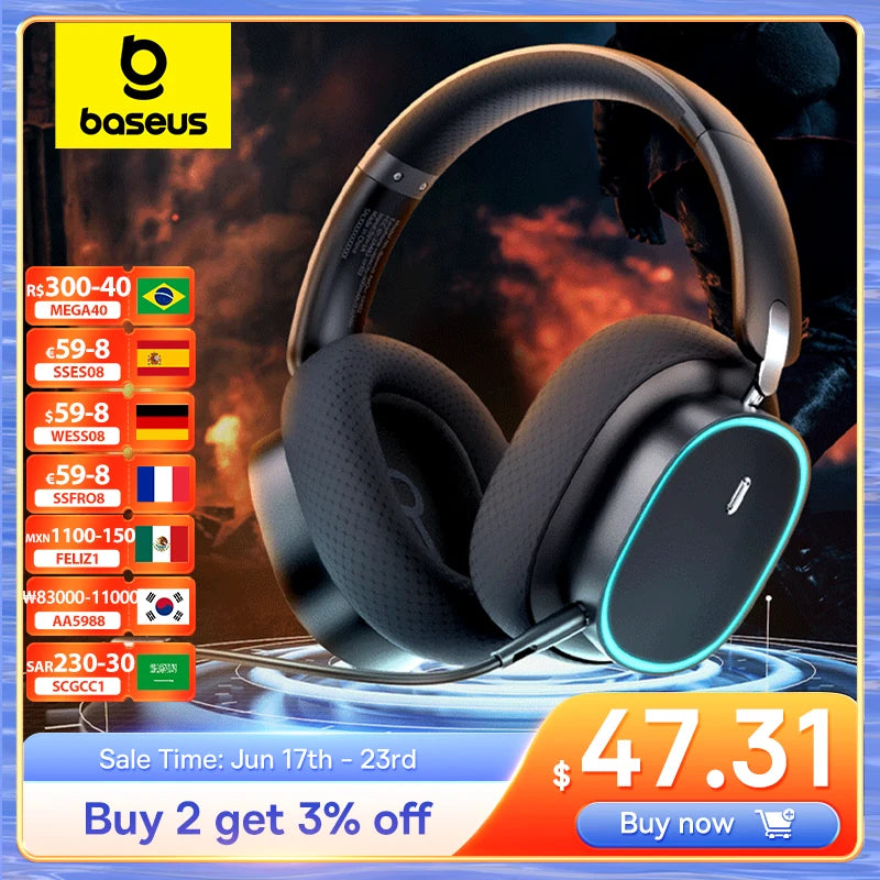 Baseus GH02 Gaming Wireless Headphone with Mic Over-Ear Headphones Bluetooth 5.3 40mm Driver 2.4G/Wireless/Cable RGB Headsets