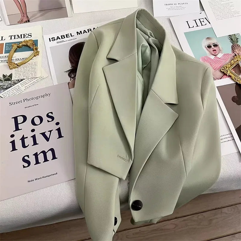 Korean Cropped Blazers Women Autumn Solid Color Simple Single-button Outwear Teens All-match Long Sleeve Office Lady Suit Jacket