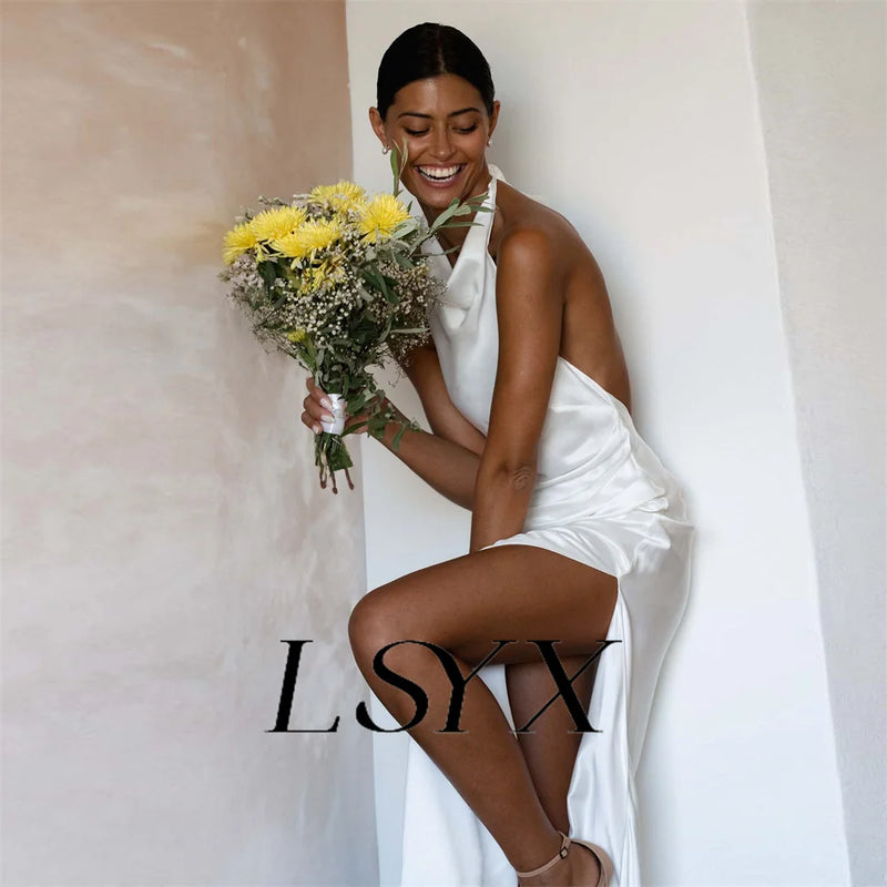 LSYX Halter Sleeveless Simple Mermaid Wedding Dress Satin Open Back High Side Slit Floor Length Bridal Gown Custom Made