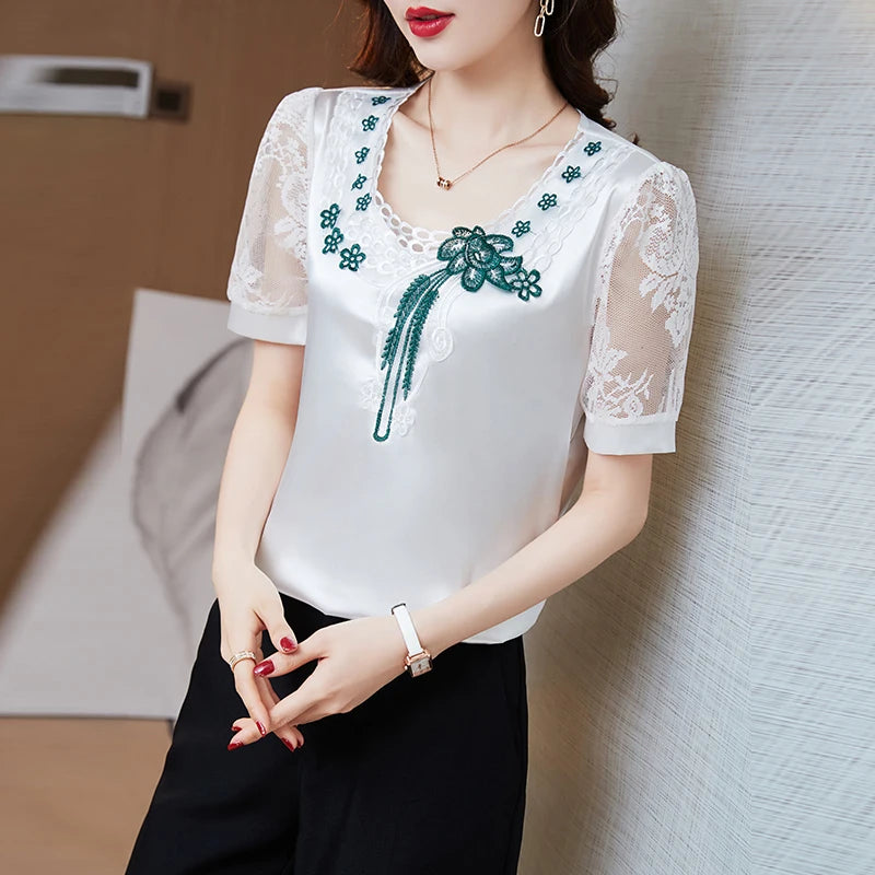 M-4XL Summer Clothing New fashion Satin Lace Tops Short Sleeve embroidery shirt Hollow out Women blouse