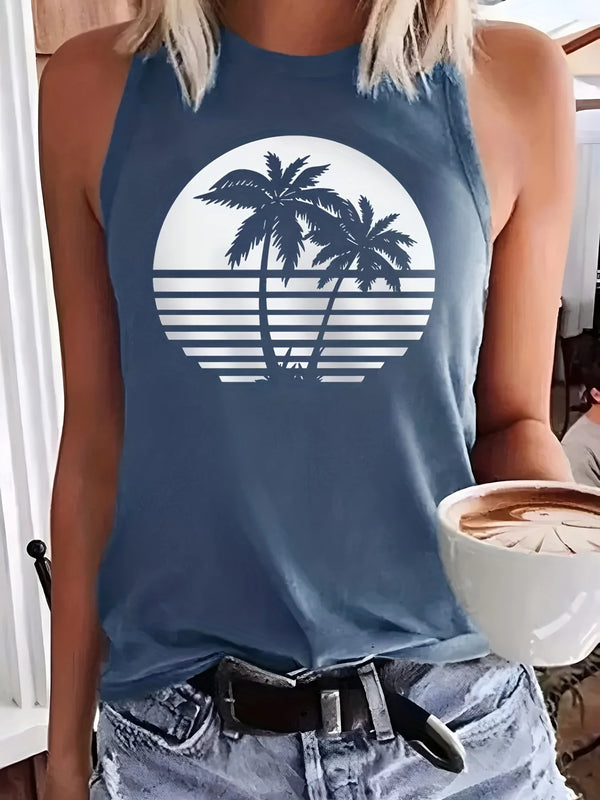 Women's Summer Coconut Tree Print Loose Large Breathable and Comfortable Sleeveless Tank Top T-shirt