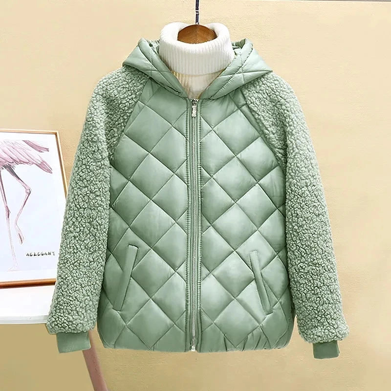 Thin Light Down Cotton Jacket Female Short Coat Autumn Winter Women's 2023 New Hooded Loose Lmitation Lamb Wool Cotton Jacket