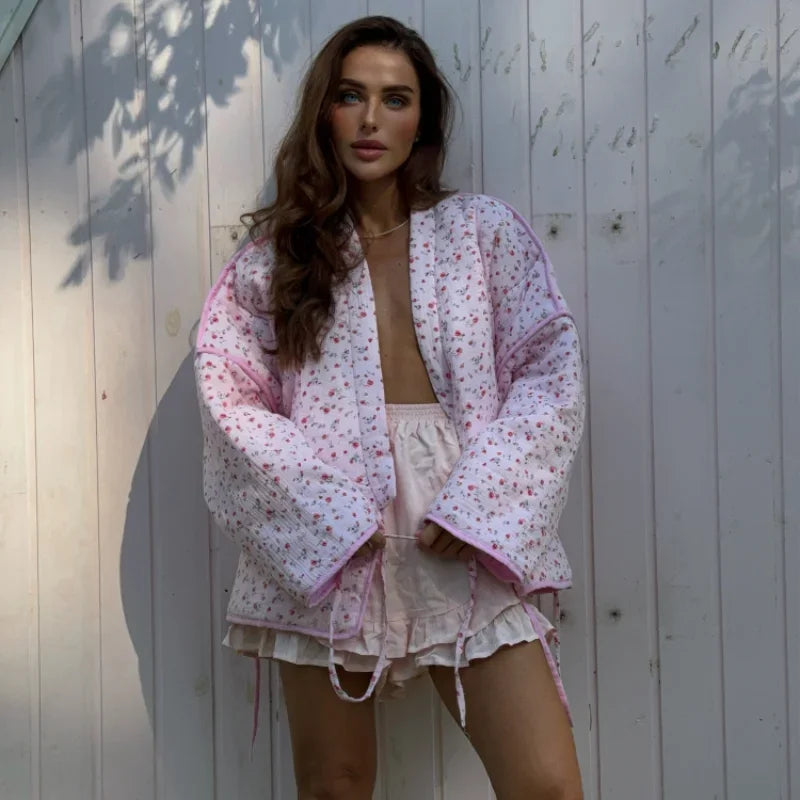 2024 New Pink Floral Cotton Coats Women Fashion V-neck Full Sleeve Lace Up Loose Jacket Autumn And Winte Chic Warm Lady Outwear