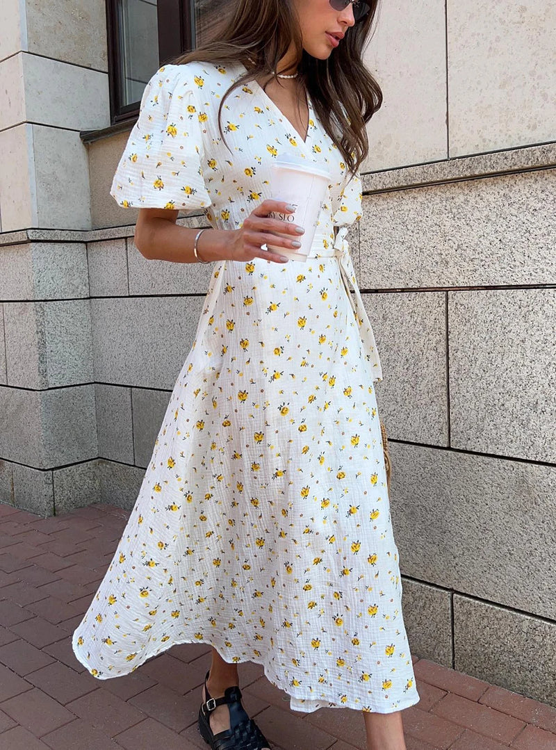 Casual Women's Summer Dresses 100% Cotton Floral Print A-line Midi Dress with Side Slits Long Elegant White Dress for Women 2024