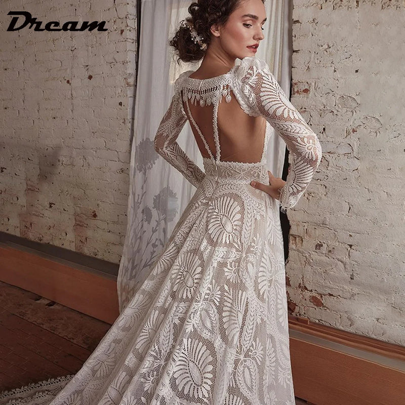 DREAM Spaghetti Straps Lace Wedding Dress With Detachable Long Sleeve Backless V Neck A Line Bridal Gown Sweep Train