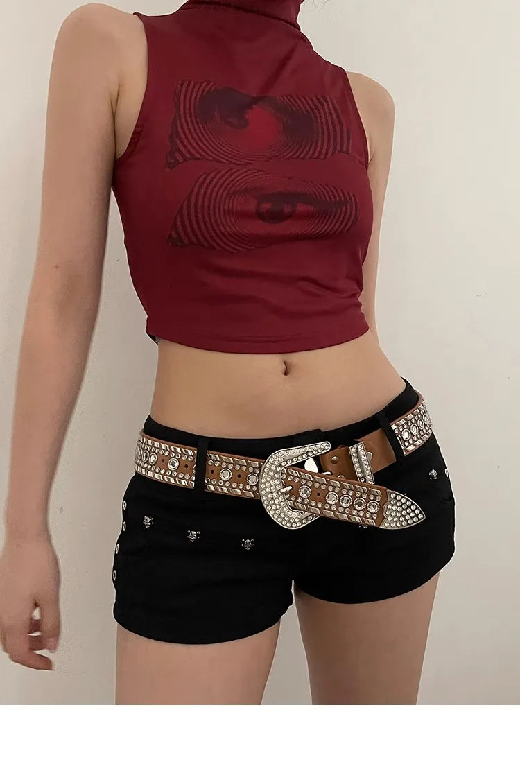 Y2K N Niche Personality Spice Broad Belt Female Adornment 2024 New Style Rhinestone With Pants Fashion Belt