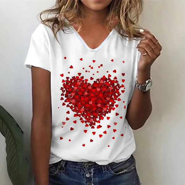 Fashion Women's T Shirt Love Print V-neck Female Short Sleeve Harajuku Tops Ladies T-shirts Oversized Tee Shirt Women Clothing