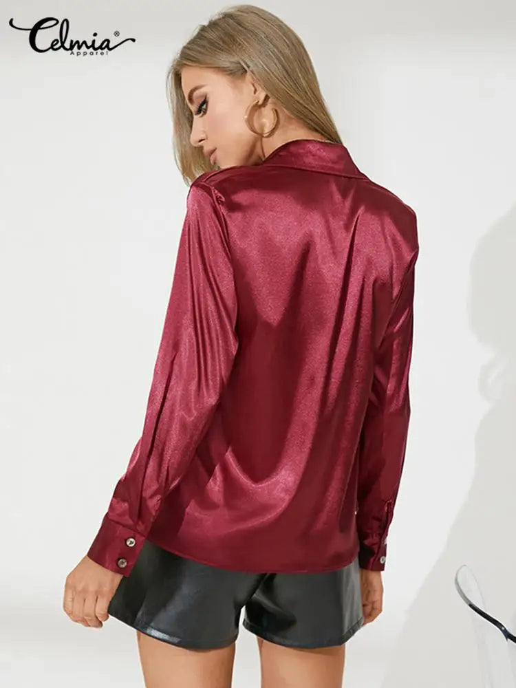 Women Fashion Satin Slik Shirts Celmia 2023 Autumn Long Sleeve Blouse Office Lapel Solid Blusas Elegant Buttons Tunic Tops