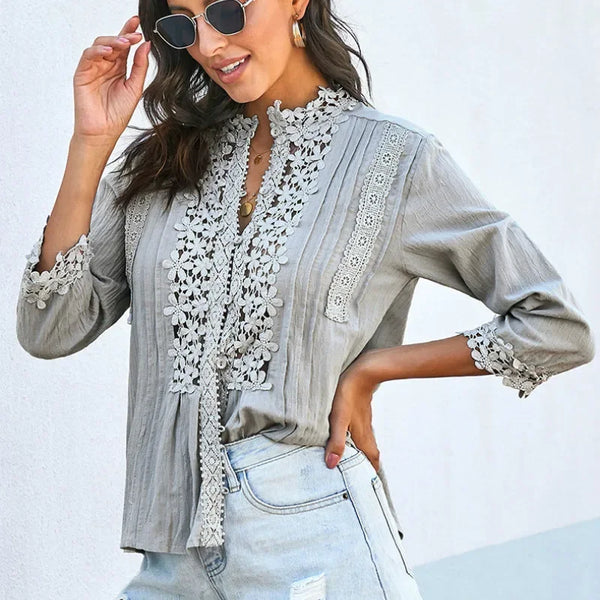 TEELYNN Loose 3/4 sleeve lace blouses shirt women vintage cotton Button v neck causal boho blusa 2020 autumn blouse femme top