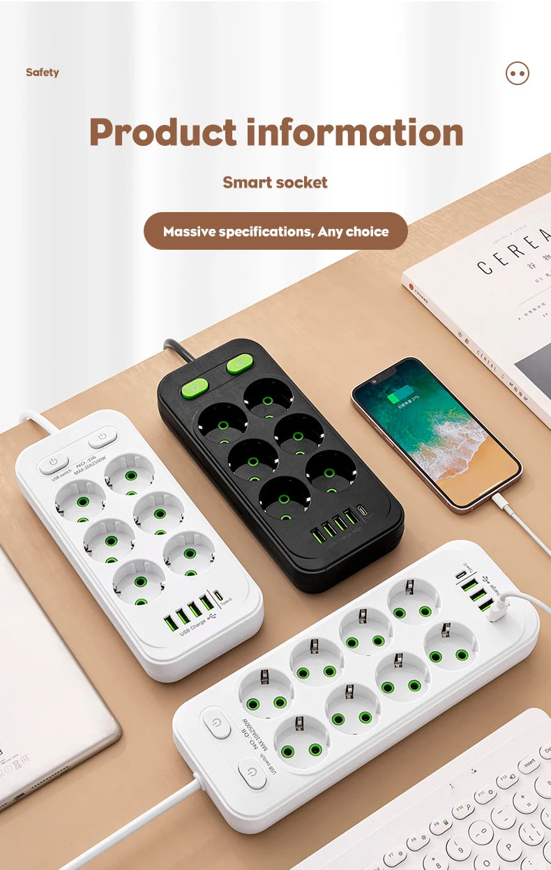 EU Plug AC Outlet Multitap Power Strip 2m Extension Cord Electrical Socket Smart USB Home Office Surge Protector Network Filter