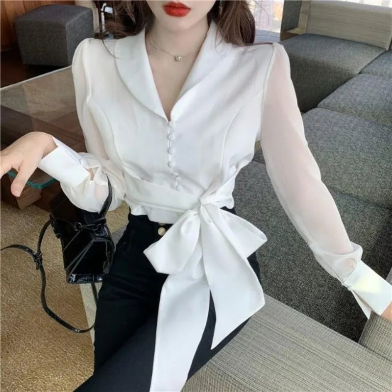 Shirts Women Solid Turn-down Collar Ins Abdomen Cropped Leisure Korean Style Fashionable Ladies Clothes Long Sleeve Stylish Chic