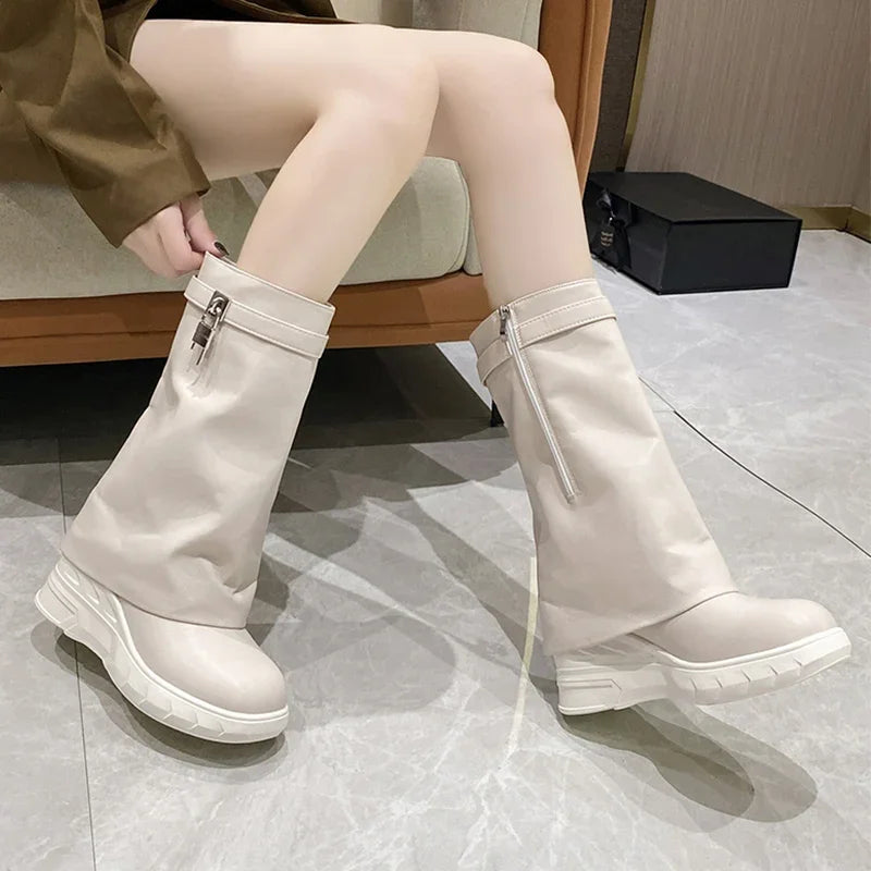 Fashions Wedges Platform Boots for Women 2023 Shark Lock Design Pink Mid Calf Zipper Soft Leather Ankle Booties Motorcycle Botas