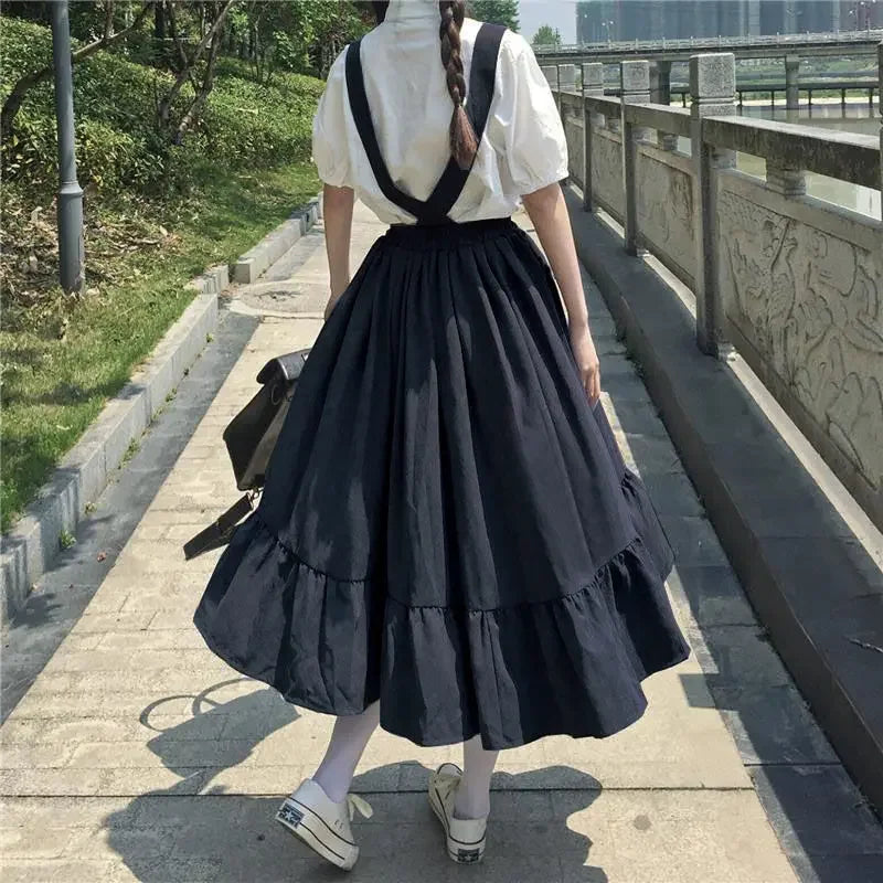 New Sweet Women Skirt Preppy Style Strap Long Skirt Ruffles Loose Cute Student Casual Skirt Female Skirts 2023 HOT