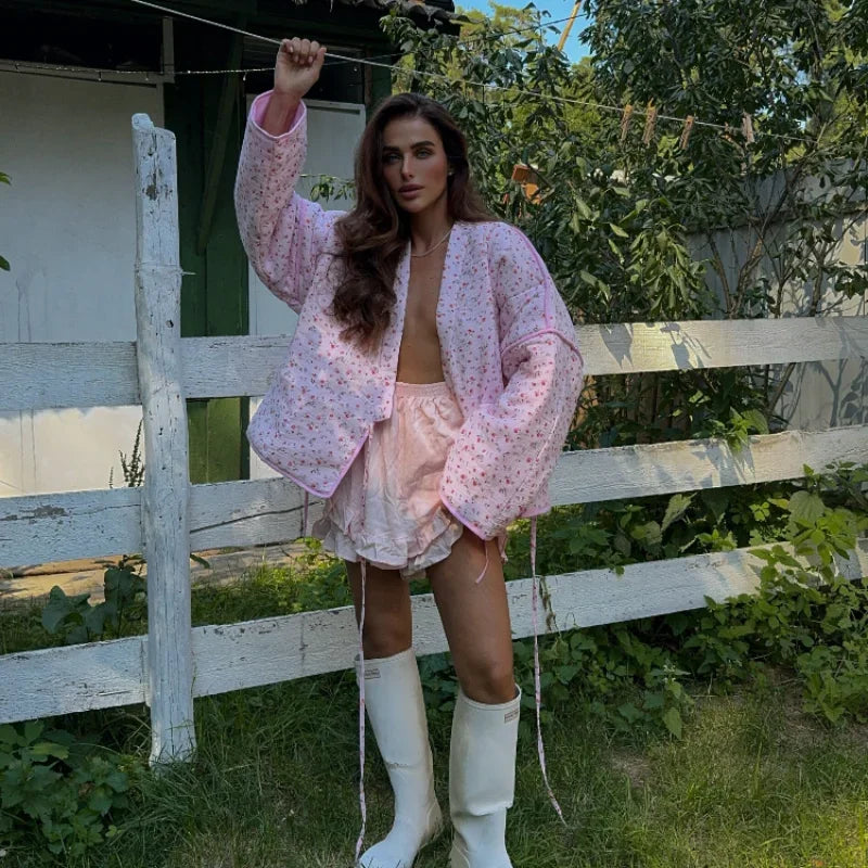 2024 New Pink Floral Cotton Coats Women Fashion V-neck Full Sleeve Lace Up Loose Jacket Autumn And Winte Chic Warm Lady Outwear
