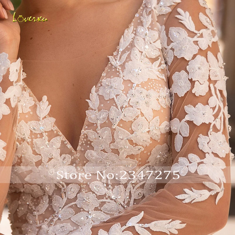Loverxu A-Line Elegant Wedding Dresses 2024 V-Neck Long Sleeve Tulle Vestido De Novia Appliques Beaded Delicate Robe De Mariee