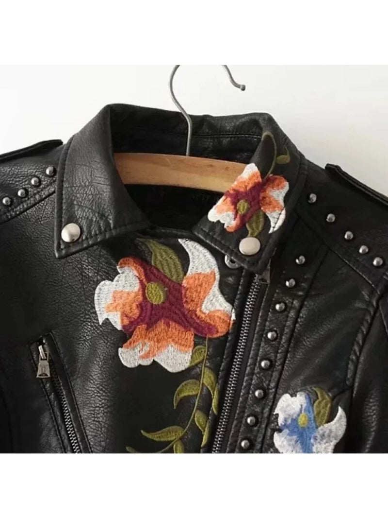 PU Leather Embroidered Rivet Coat Moto & Biker Streetwear Zipper Overcoat Women's Jackets 2024 Spring Clothes